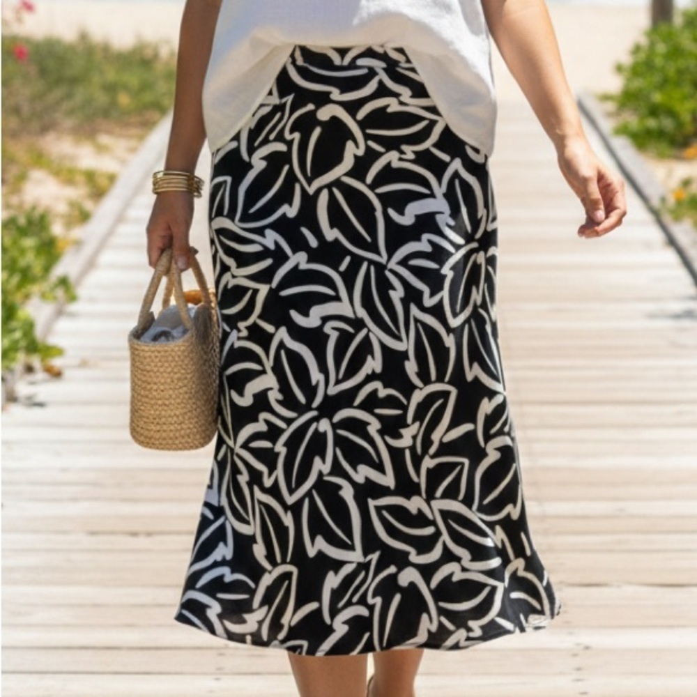 😍2/$20 Willi Smith 100% Linen A-Line Midi Skirt Sz 6 Black White Pattern Lined